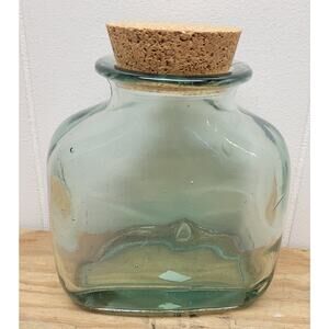 Vintage Recycled Green Glass Apothecary Jar w/ Cork Lid Spain Hand-Blown Bubbles